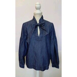 Ann Taylor Loft Denim Chambray Top with Long Puffy Sleeve and Neck Tie Size M